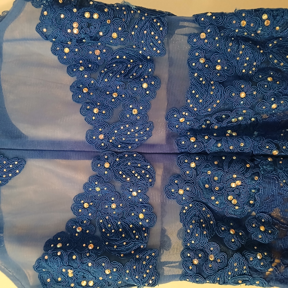 Anny Lee Blue Sequined Lace Wedding Prom Cocktail Evening Gown Dress Small - Picture 11 of 15